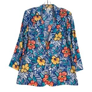 VTG Maggie Sweet Bali Floral Tropicalcore Hibiscus Blazer Blue Orange Petite Med